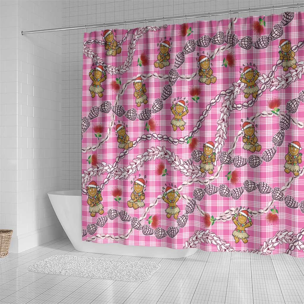 Pink Palaka Hawaii Mele Kalikimaka Shower Curtain Ohia Lehua Shell Leis Funny Gingerbread Santa - Polynesian Pride