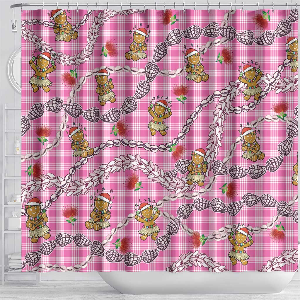 Pink Palaka Hawaii Mele Kalikimaka Shower Curtain Ohia Lehua Shell Leis Funny Gingerbread Santa - Polynesian Pride