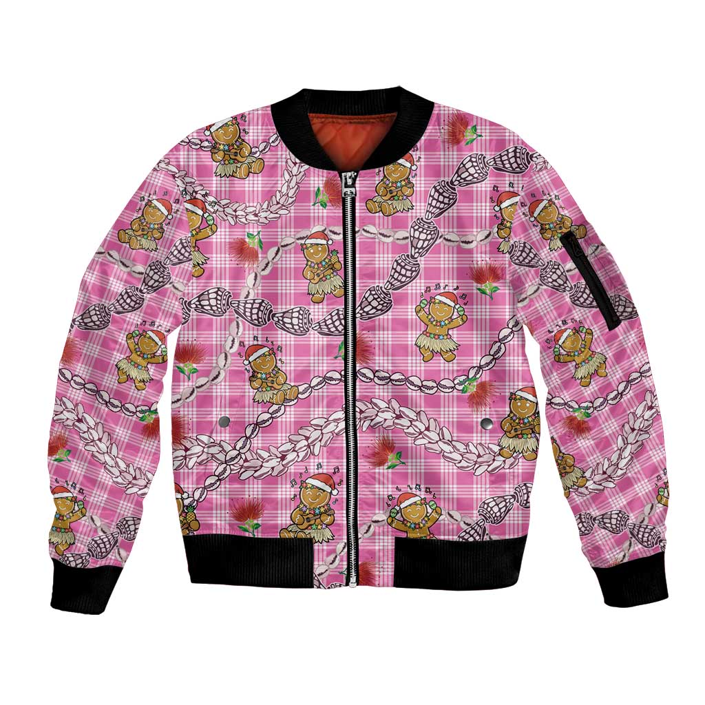 Pink Palaka Hawaii Mele Kalikimaka Sleeve Zip Bomber Jacket Ohia Lehua Shell Leis Funny Gingerbread Santa - Polynesian Pride