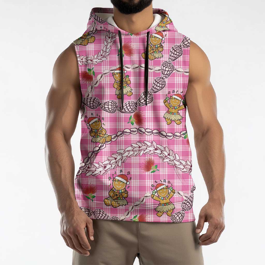 Pink Palaka Hawaii Mele Kalikimaka Sleeveless Hoodie Ohia Lehua Shell Leis Funny Gingerbread Santa - Polynesian Pride