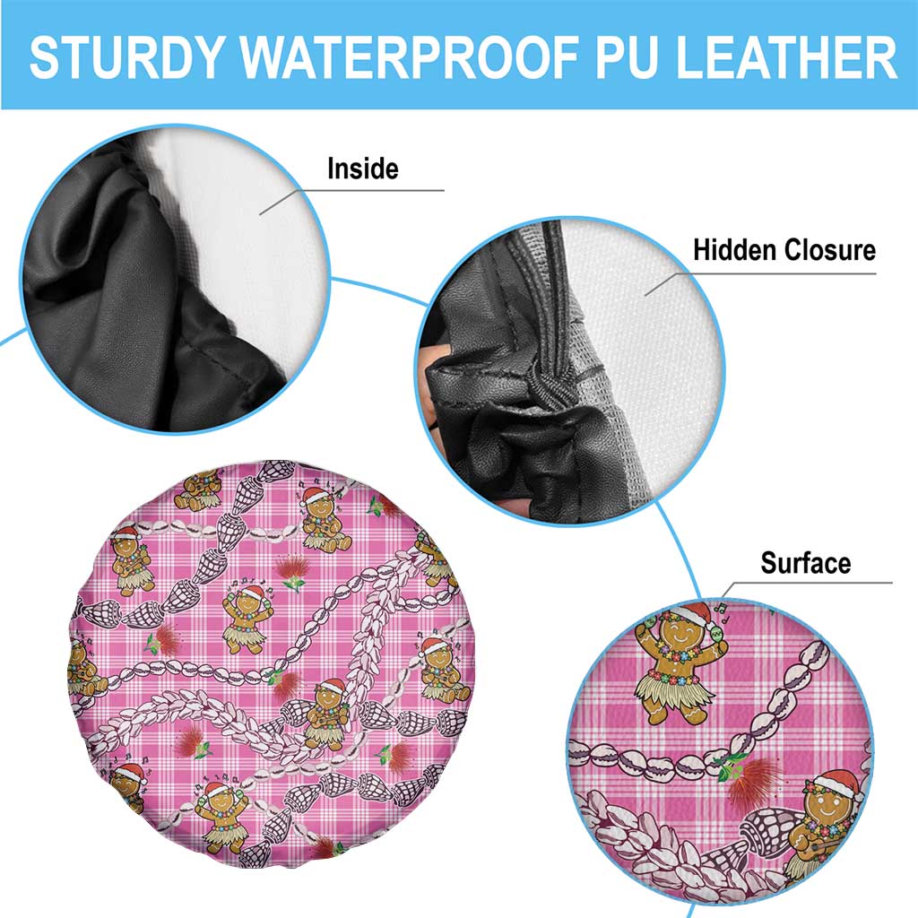 Pink Palaka Hawaii Mele Kalikimaka Spare Tire Cover Ohia Lehua Shell Leis Funny Gingerbread Santa - Polynesian Pride