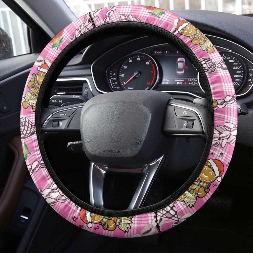 Pink Palaka Hawaii Mele Kalikimaka Steering Wheel Cover Ohia Lehua Shell Leis Funny Gingerbread Santa - Polynesian Pride
