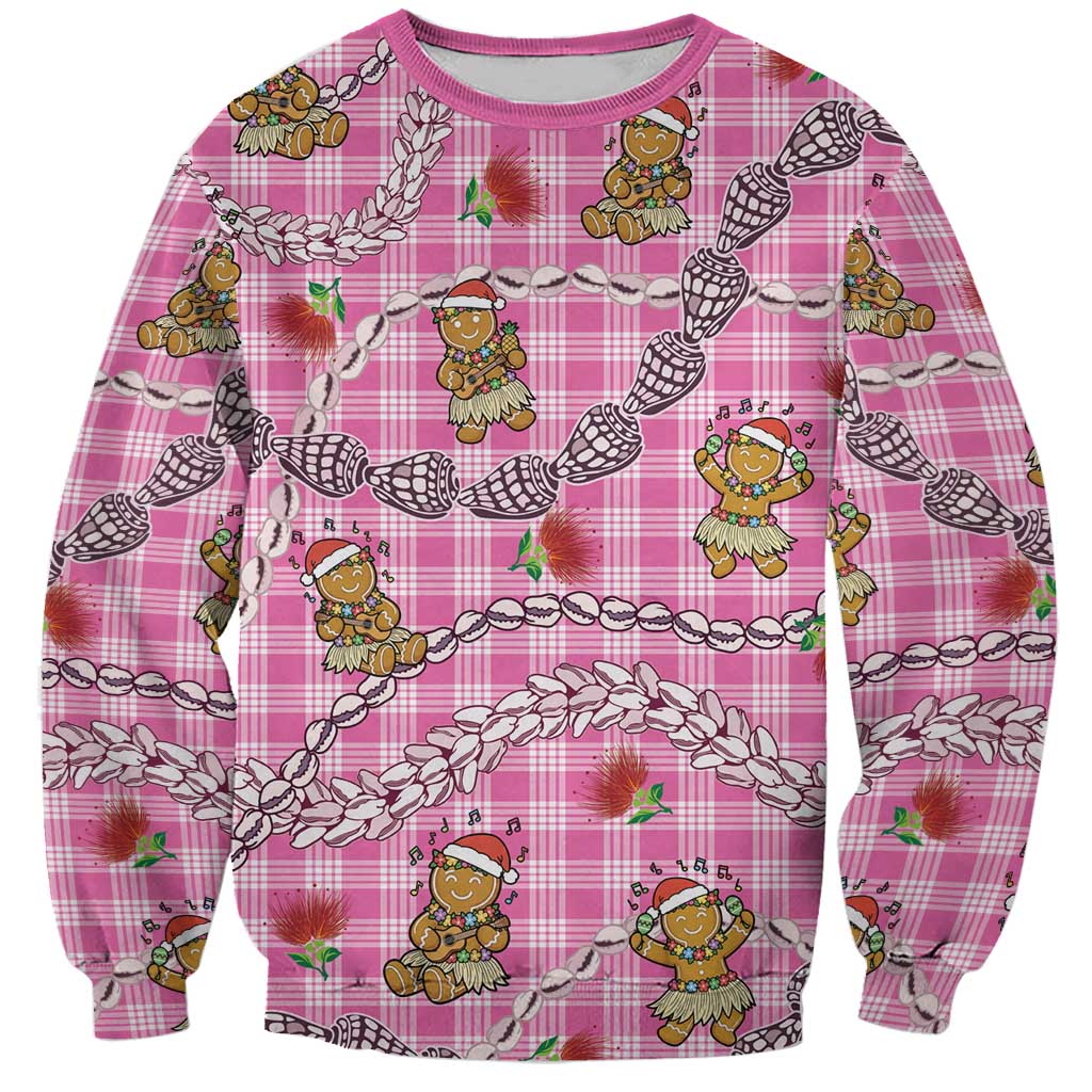 Pink Palaka Hawaii Mele Kalikimaka Sweatshirt Ohia Lehua Shell Leis Funny Gingerbread Santa - Polynesian Pride