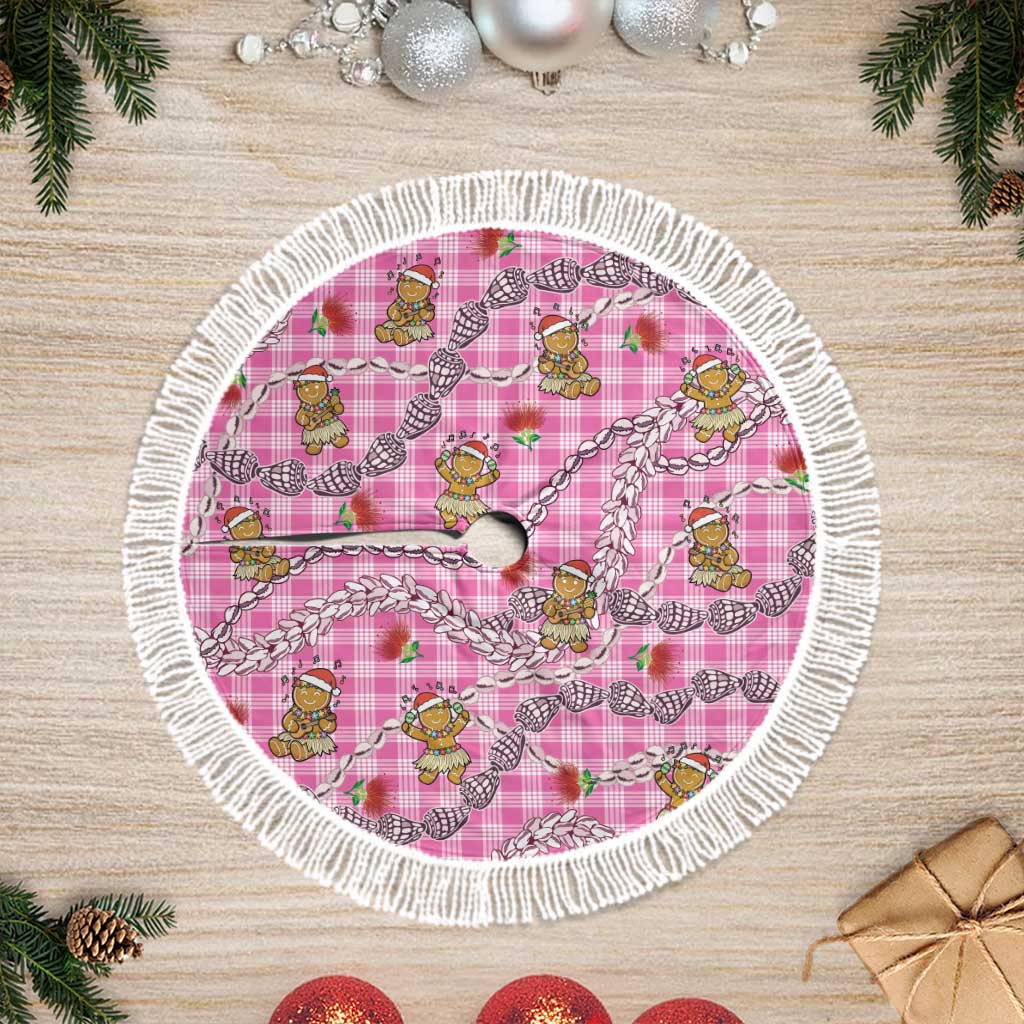 Pink Palaka Hawaii Mele Kalikimaka Tree Skirt Ohia Lehua Shell Leis Funny Gingerbread Santa - Polynesian Pride