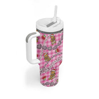 Pink Palaka Hawaii Mele Kalikimaka Tumbler With Handle Ohia Lehua Shell Leis Funny Gingerbread Santa - Polynesian Pride