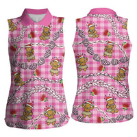Pink Palaka Hawaii Mele Kalikimaka Women Sleeveless Polo Shirt Ohia Lehua Shell Leis Funny Gingerbread Santa - Polynesian Pride