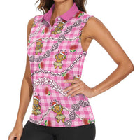 Pink Palaka Hawaii Mele Kalikimaka Women Sleeveless Polo Shirt Ohia Lehua Shell Leis Funny Gingerbread Santa - Polynesian Pride