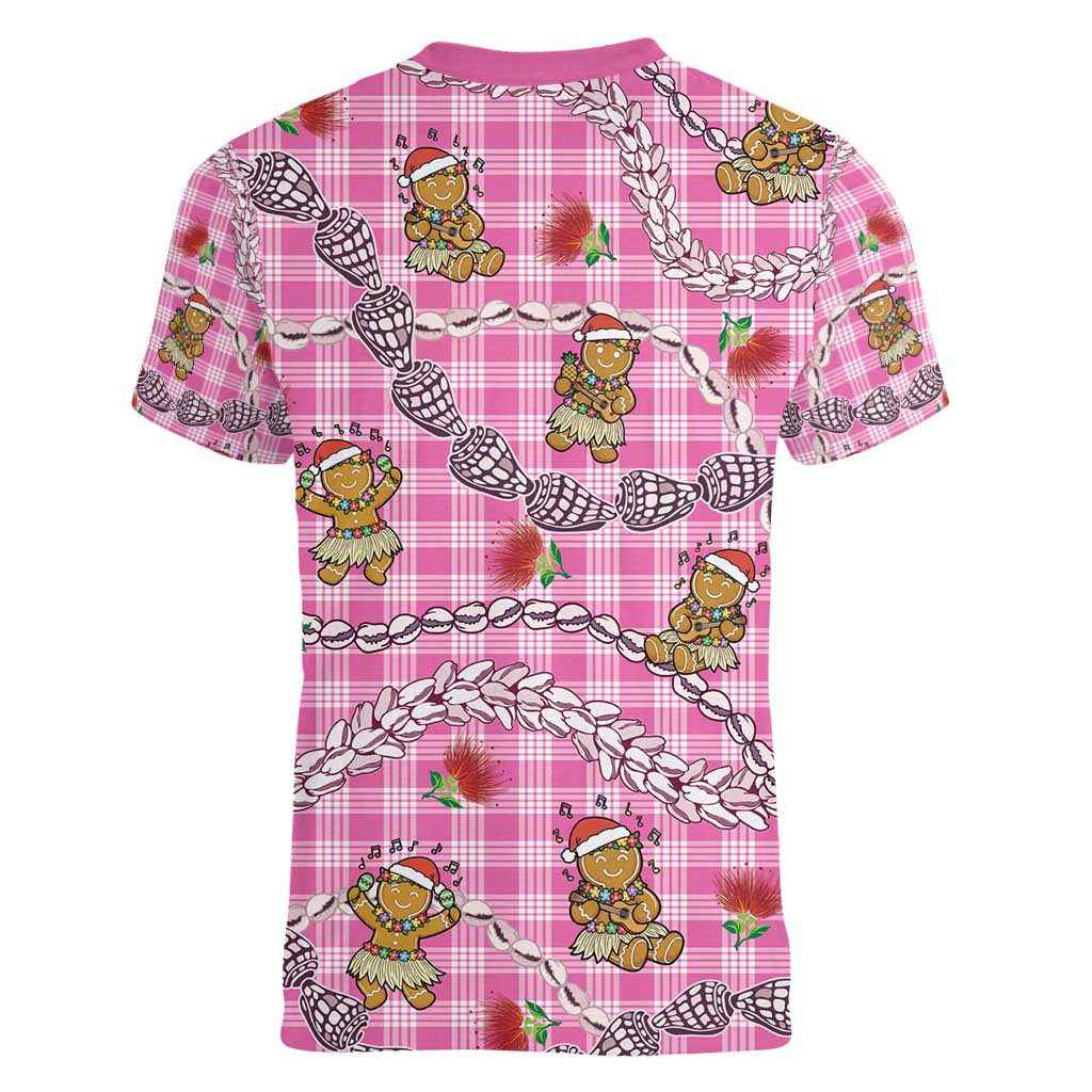 Pink Palaka Hawaii Mele Kalikimaka Women V-Neck T-Shirt Ohia Lehua Shell Leis Funny Gingerbread Santa - Polynesian Pride