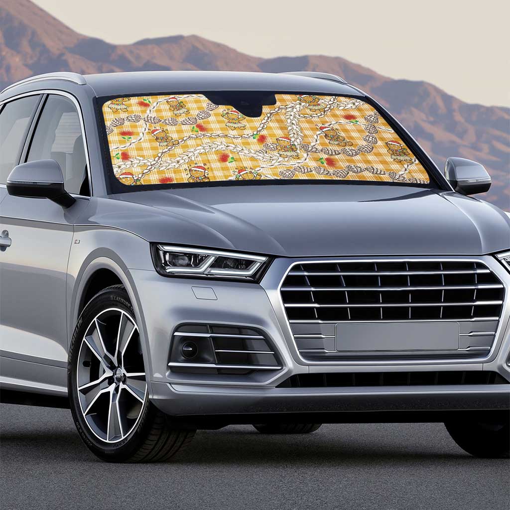 Gold Palaka Hawaii Mele Kalikimaka Auto Sun Shade Ohia Lehua Shell Leis Funny Gingerbread Santa - Polynesian Pride