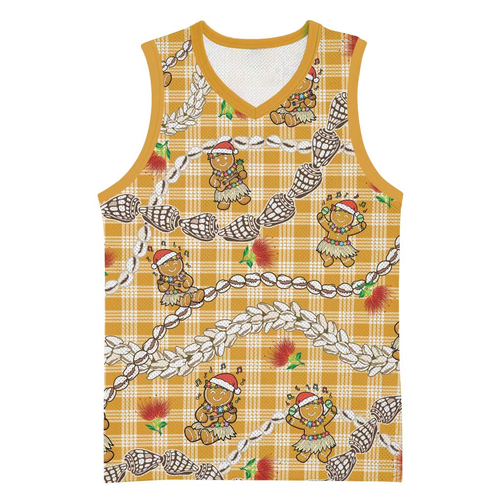 Gold Palaka Hawaii Mele Kalikimaka Basketball Jersey Ohia Lehua Shell Leis Funny Gingerbread Santa - Polynesian Pride