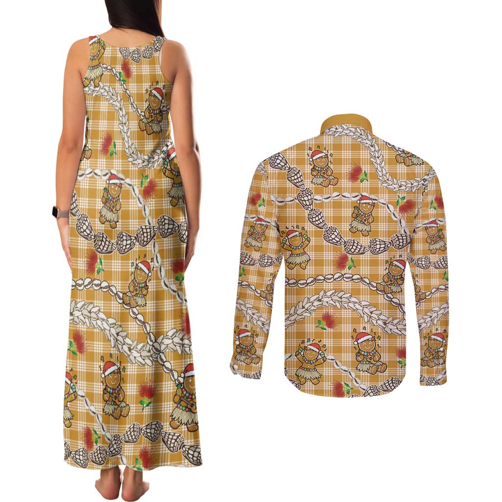 Gold Palaka Hawaii Mele Kalikimaka Couples Matching Tank Maxi Dress and Long Sleeve Button Shirt Ohia Lehua Shell Leis Funny Gingerbread Santa - Polynesian Pride