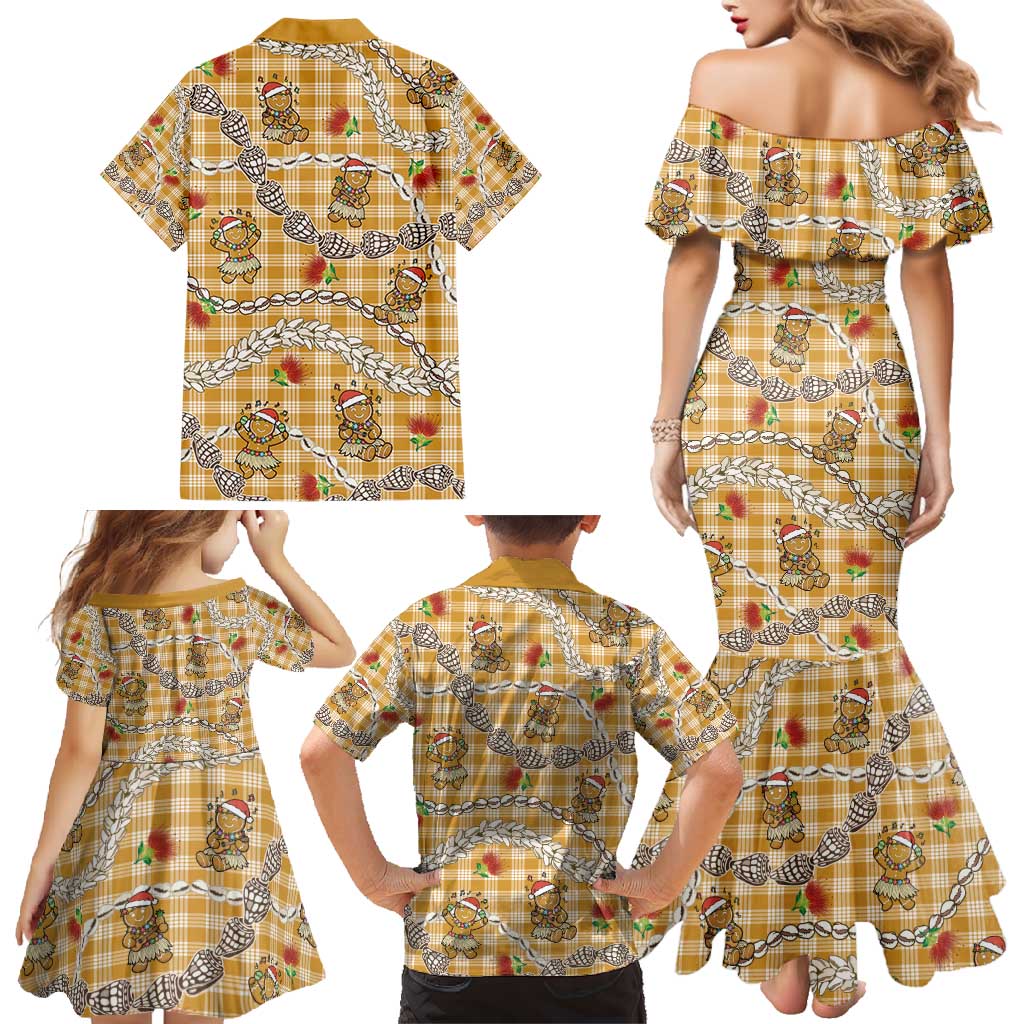 Gold Palaka Hawaii Mele Kalikimaka Family Matching Mermaid Dress and Hawaiian Shirt Ohia Lehua Shell Leis Funny Gingerbread Santa - Polynesian Pride