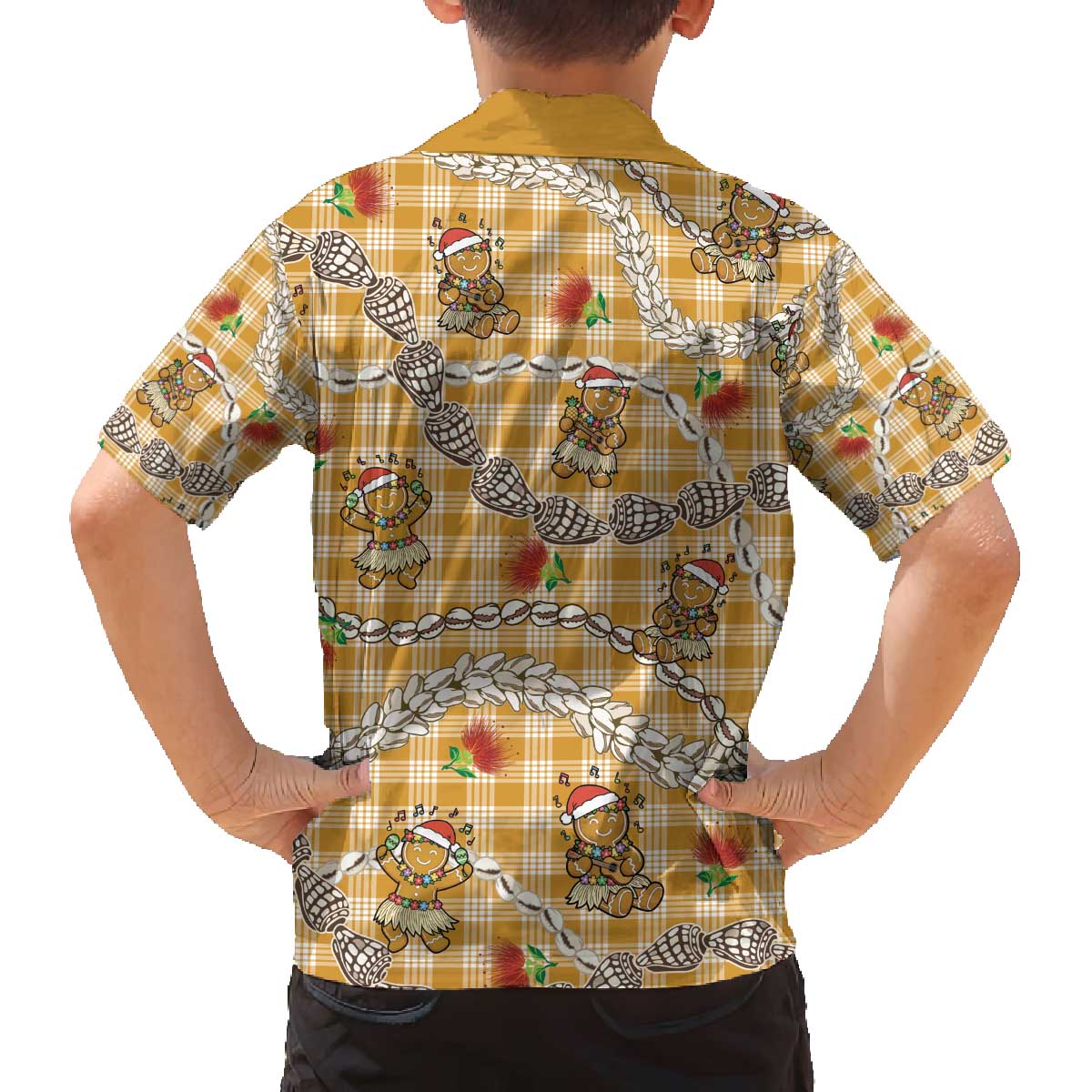 Gold Palaka Hawaii Mele Kalikimaka Family Matching Off The Shoulder Long Sleeve Dress and Hawaiian Shirt Ohia Lehua Shell Leis Funny Gingerbread Santa - Polynesian Pride