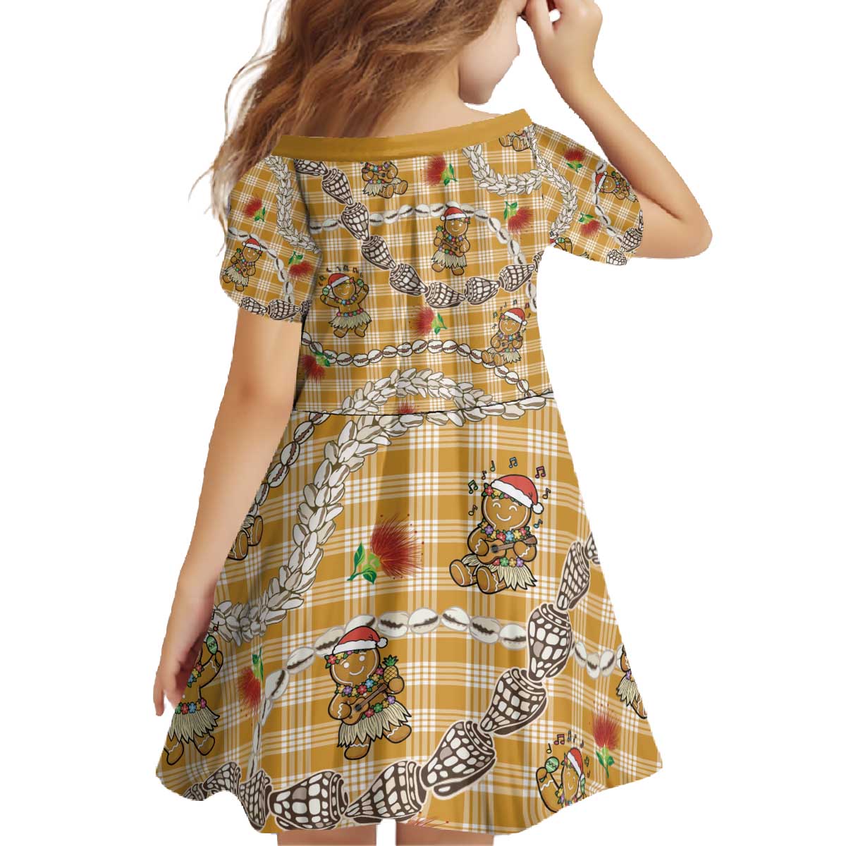 Gold Palaka Hawaii Mele Kalikimaka Family Matching Off The Shoulder Long Sleeve Dress and Hawaiian Shirt Ohia Lehua Shell Leis Funny Gingerbread Santa - Polynesian Pride