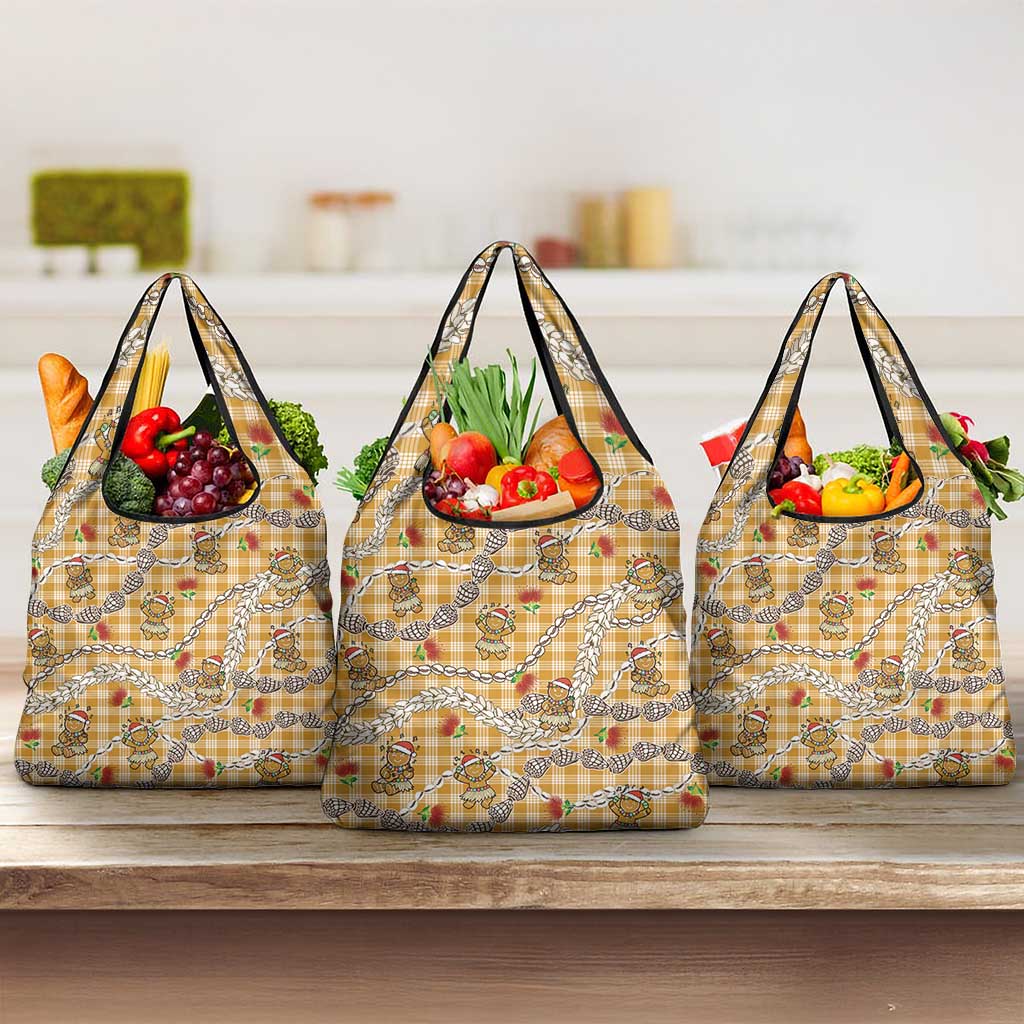 Gold Palaka Hawaii Mele Kalikimaka Grocery Bag Ohia Lehua Shell Leis Funny Gingerbread Santa - Polynesian Pride