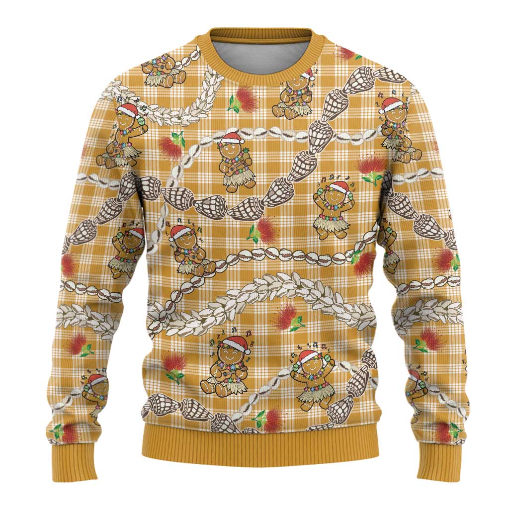 Gold Palaka Hawaii Mele Kalikimaka Ugly Christmas Sweater Ohia Lehua Shell Leis Funny Gingerbread Santa - Polynesian Pride