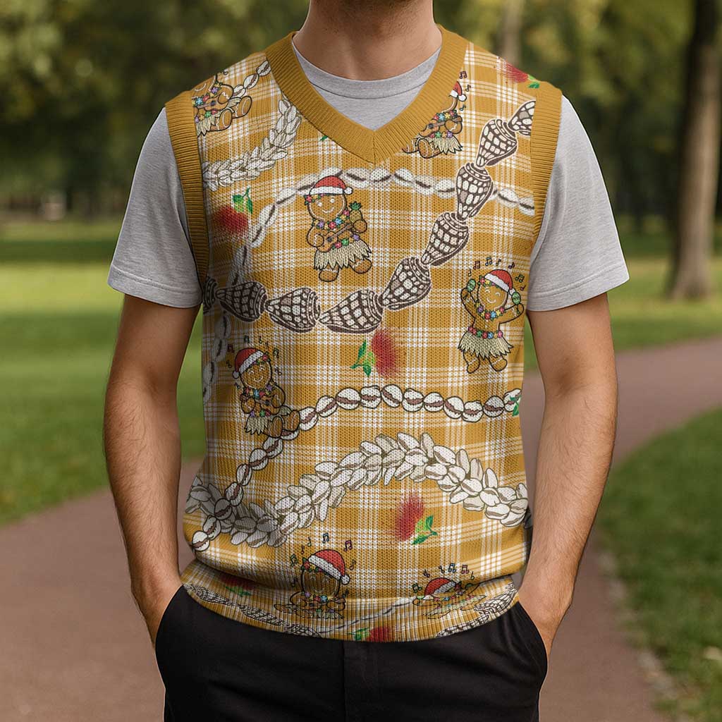 Gold Palaka Hawaii Mele Kalikimaka Christmas Knitted V-Neck Vest Ohia Lehua Shell Leis Funny Gingerbread Santa - Polynesian Pride
