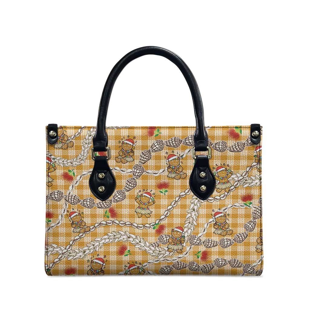 Gold Palaka Hawaii Mele Kalikimaka Leather Bag Ohia Lehua Shell Leis Funny Gingerbread Santa - Polynesian Pride