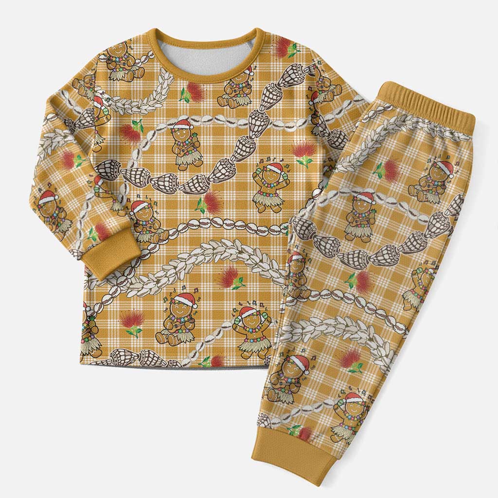 Gold Palaka Hawaii Mele Kalikimaka Christmas Pajama Set Ohia Lehua Shell Leis Funny Gingerbread Santa - Polynesian Pride