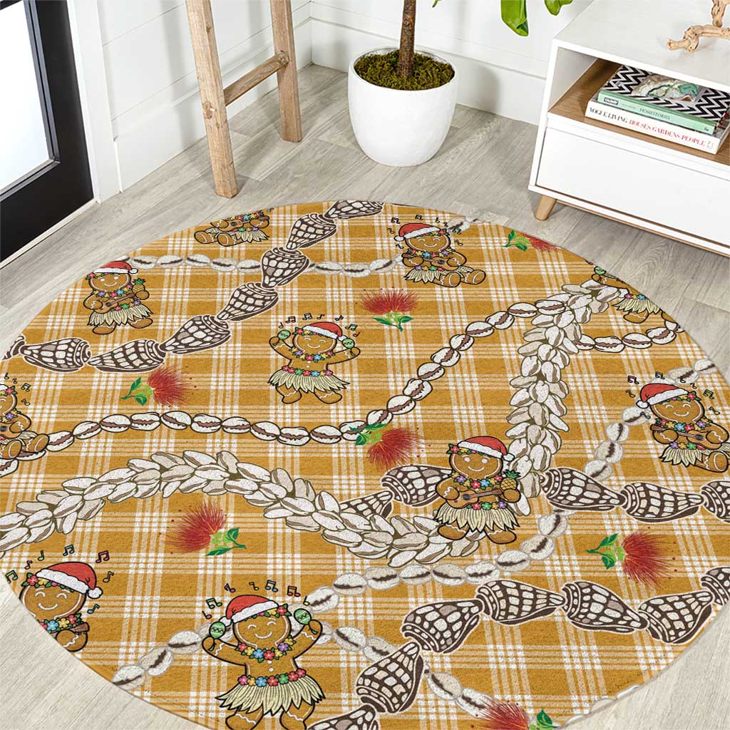 Gold Palaka Hawaii Mele Kalikimaka Round Carpet Ohia Lehua Shell Leis Funny Gingerbread Santa - Polynesian Pride