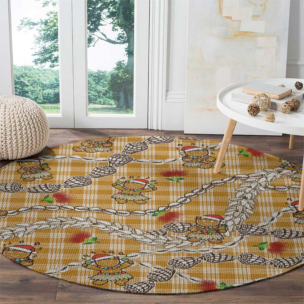 Gold Palaka Hawaii Mele Kalikimaka Round Carpet Ohia Lehua Shell Leis Funny Gingerbread Santa - Polynesian Pride