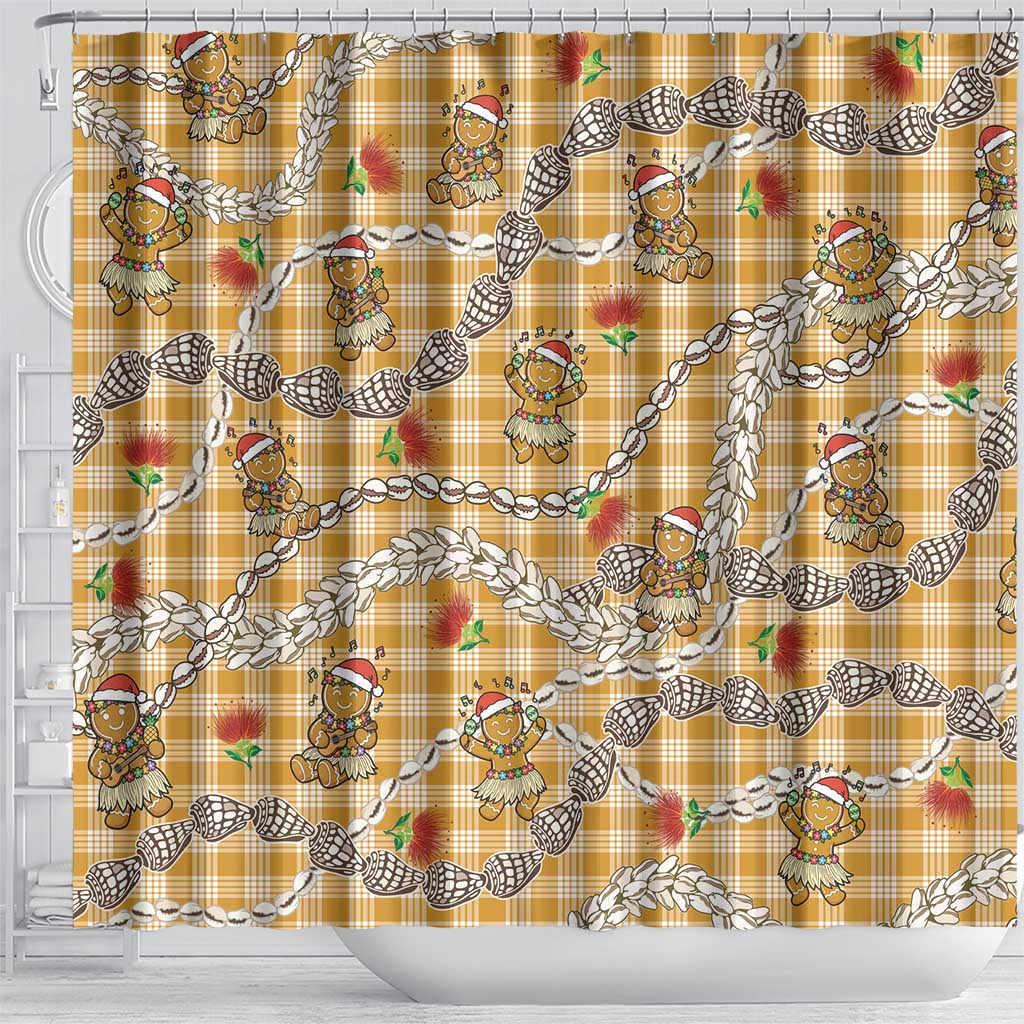 Gold Palaka Hawaii Mele Kalikimaka Shower Curtain Ohia Lehua Shell Leis Funny Gingerbread Santa - Polynesian Pride