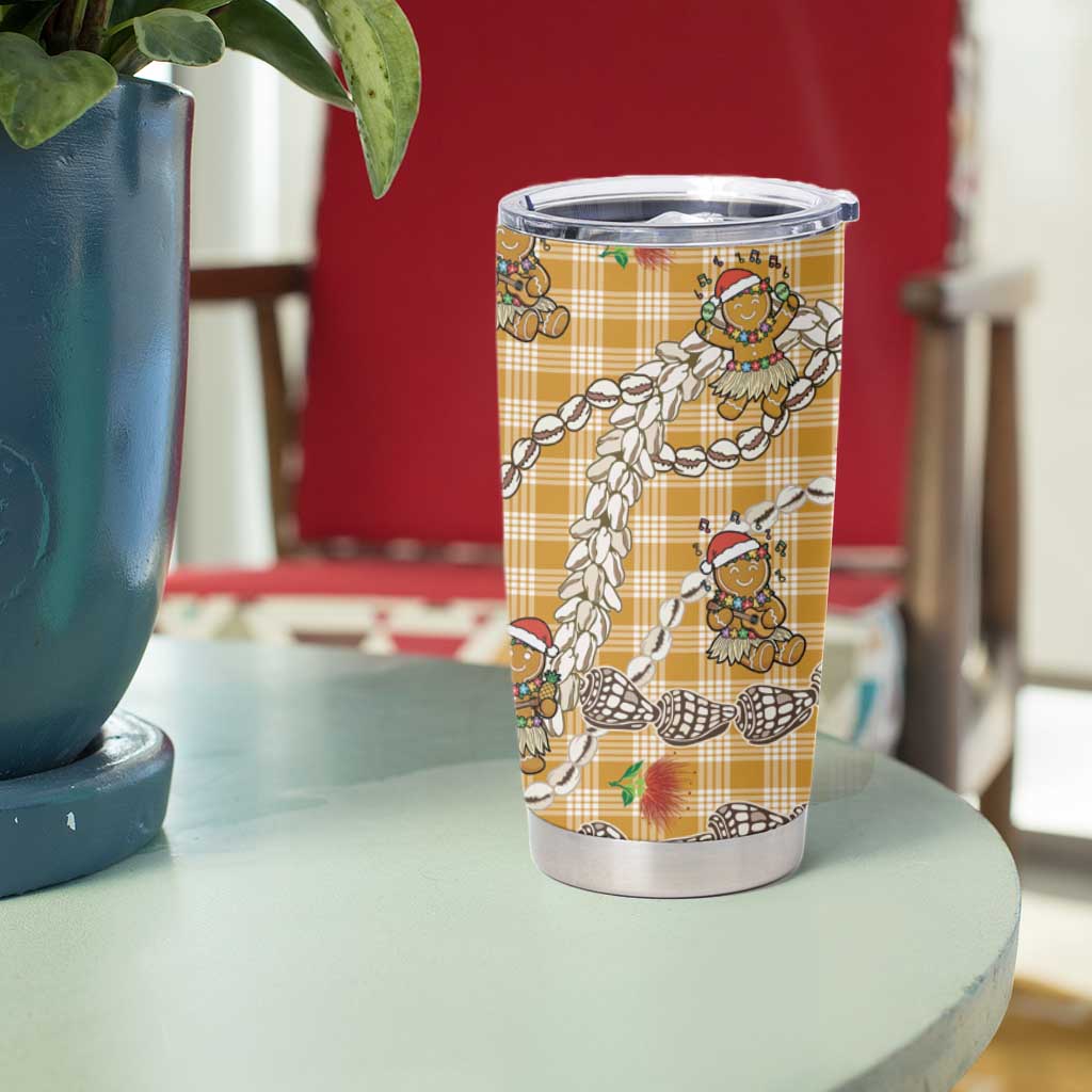 Gold Palaka Hawaii Mele Kalikimaka Tumbler Cup Ohia Lehua Shell Leis Funny Gingerbread Santa - Polynesian Pride