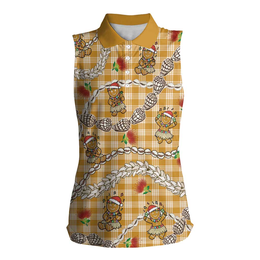Gold Palaka Hawaii Mele Kalikimaka Women Sleeveless Polo Shirt Ohia Lehua Shell Leis Funny Gingerbread Santa - Polynesian Pride