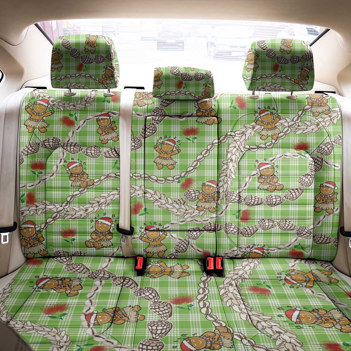 Green Palaka Hawaii Mele Kalikimaka Back Car Seat Cover Ohia Lehua Shell Leis Funny Gingerbread Santa - Polynesian Pride