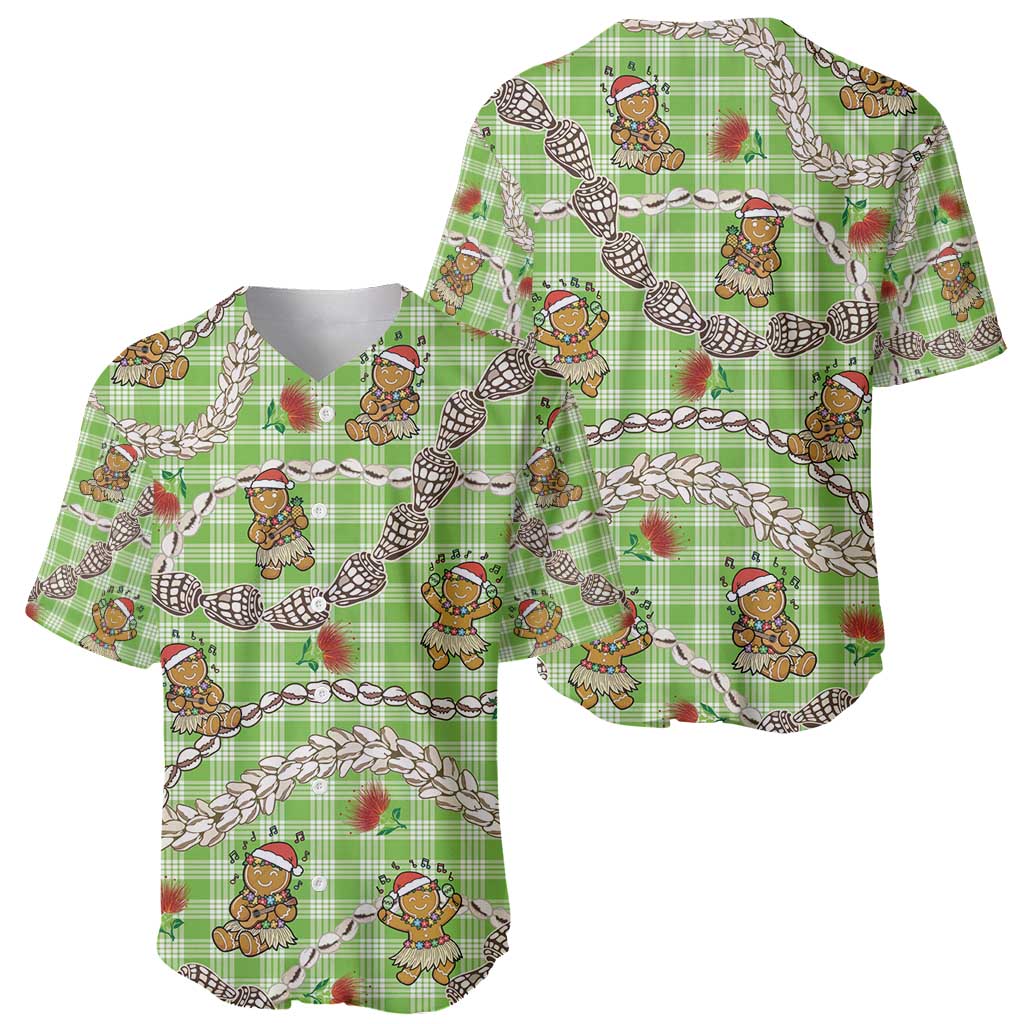 Green Palaka Hawaii Mele Kalikimaka Baseball Jersey Ohia Lehua Shell Leis Funny Gingerbread Santa - Polynesian Pride