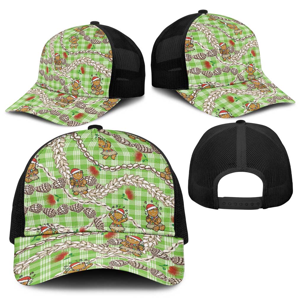 Green Palaka Hawaii Mele Kalikimaka Baseball Net Cap Ohia Lehua Shell Leis Funny Gingerbread Santa - Polynesian Pride