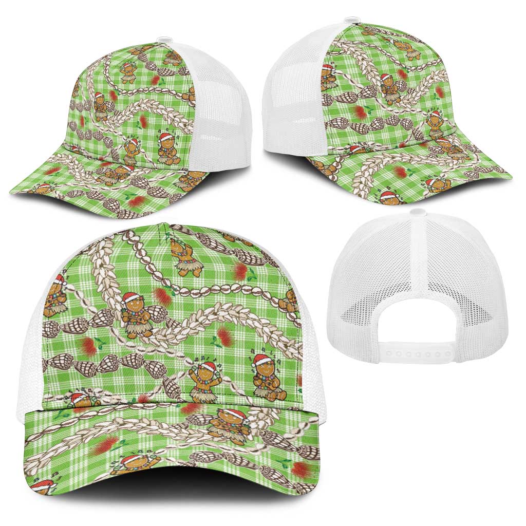 Green Palaka Hawaii Mele Kalikimaka Baseball Net Cap Ohia Lehua Shell Leis Funny Gingerbread Santa - Polynesian Pride