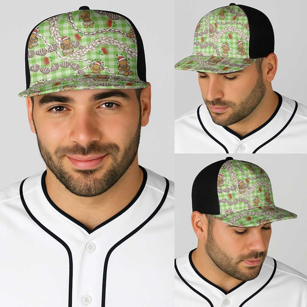 Green Palaka Hawaii Mele Kalikimaka Baseball Net Cap Ohia Lehua Shell Leis Funny Gingerbread Santa - Polynesian Pride