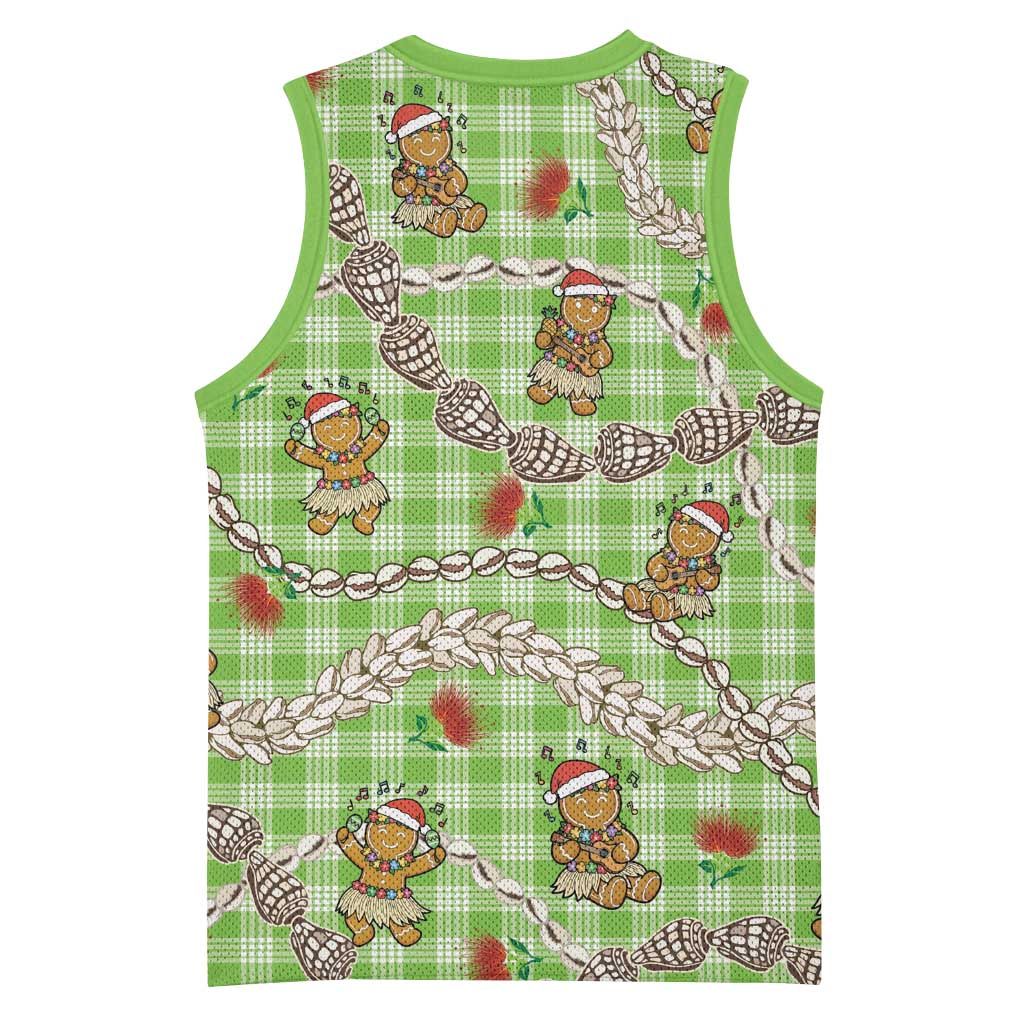 Green Palaka Hawaii Mele Kalikimaka Basketball Jersey Ohia Lehua Shell Leis Funny Gingerbread Santa - Polynesian Pride
