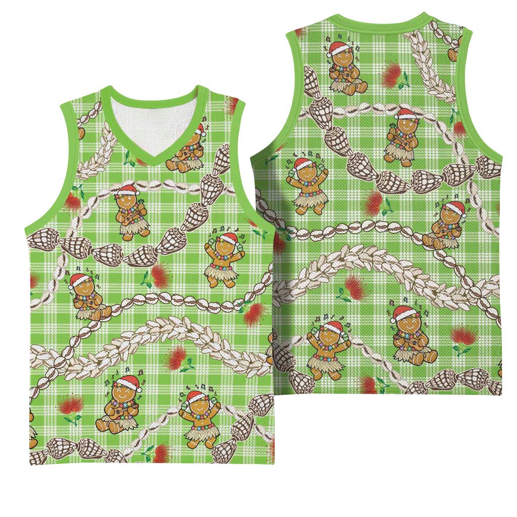 Green Palaka Hawaii Mele Kalikimaka Basketball Jersey Ohia Lehua Shell Leis Funny Gingerbread Santa - Polynesian Pride