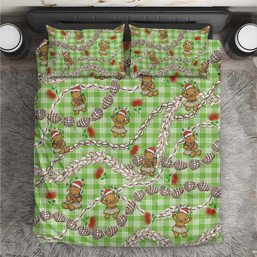 Green Palaka Hawaii Mele Kalikimaka Bedding Set Ohia Lehua Shell Leis Funny Gingerbread Santa - Polynesian Pride