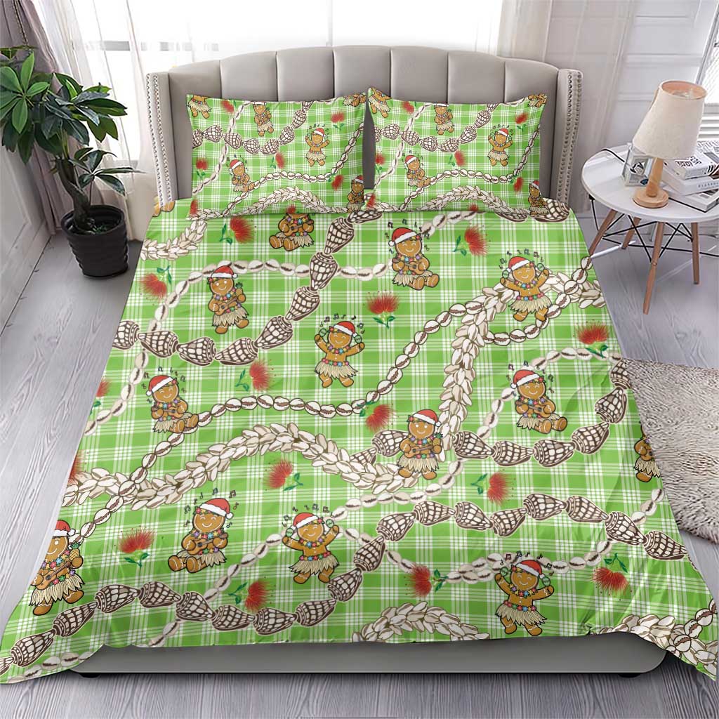 Green Palaka Hawaii Mele Kalikimaka Bedding Set Ohia Lehua Shell Leis Funny Gingerbread Santa - Polynesian Pride