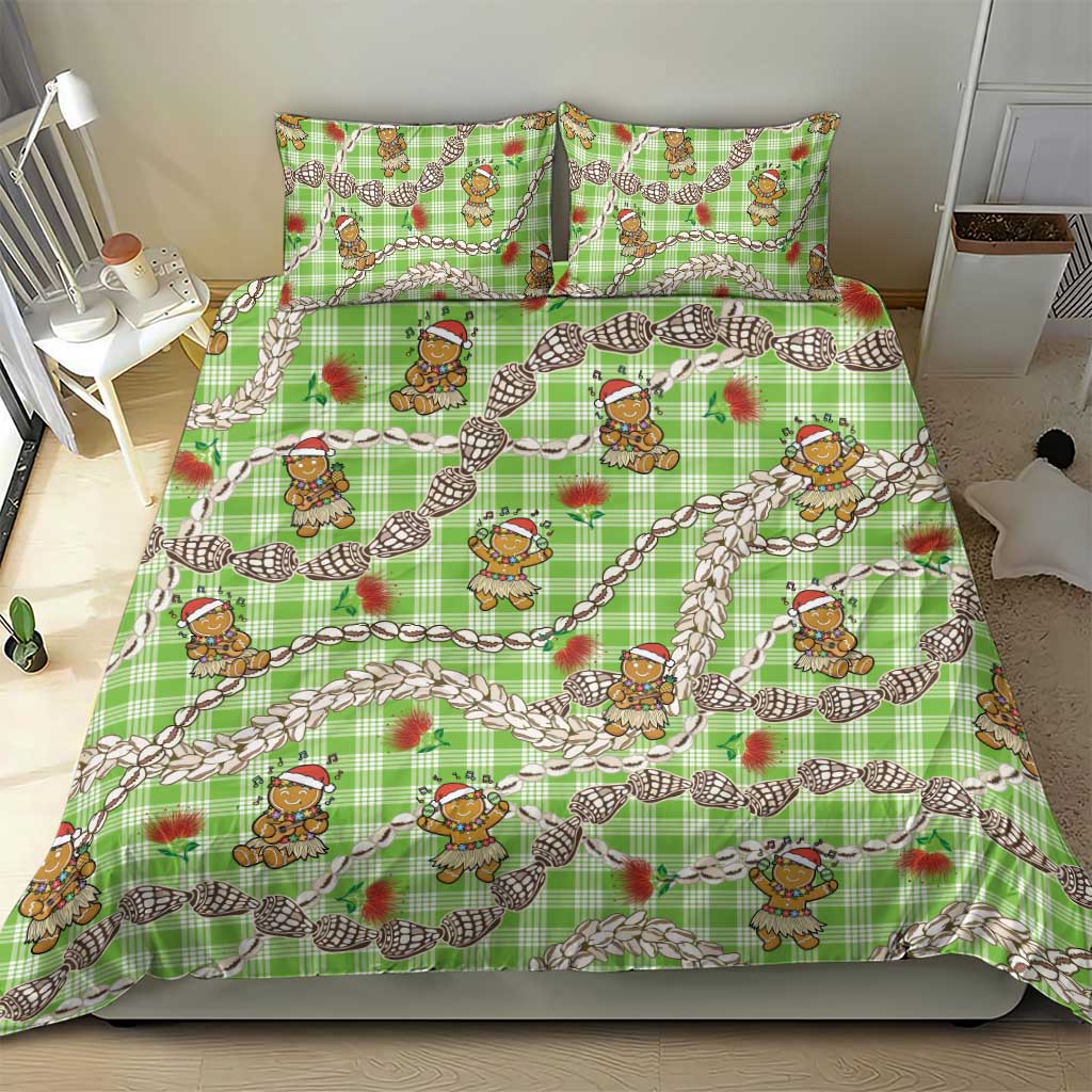 Green Palaka Hawaii Mele Kalikimaka Bedding Set Ohia Lehua Shell Leis Funny Gingerbread Santa - Polynesian Pride