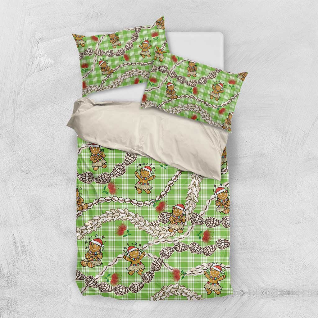 Green Palaka Hawaii Mele Kalikimaka Bedding Set Ohia Lehua Shell Leis Funny Gingerbread Santa - Polynesian Pride