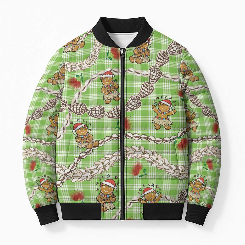 Green Palaka Hawaii Mele Kalikimaka Bomber Puffer Jacket Ohia Lehua Shell Leis Funny Gingerbread Santa - Polynesian Pride