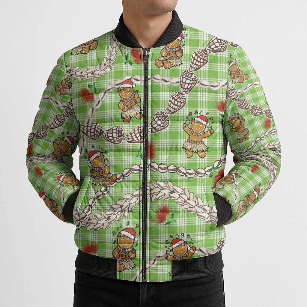 Green Palaka Hawaii Mele Kalikimaka Bomber Puffer Jacket Ohia Lehua Shell Leis Funny Gingerbread Santa - Polynesian Pride