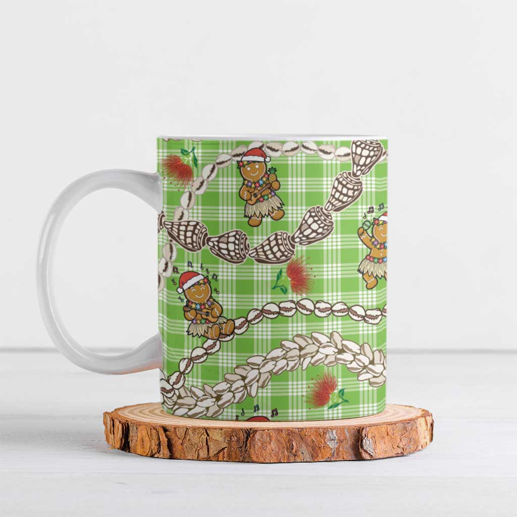 Green Palaka Hawaii Mele Kalikimaka Ceramic Mug Ohia Lehua Shell Leis Funny Gingerbread Santa - Polynesian Pride
