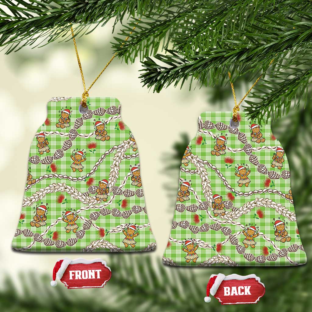 Green Palaka Hawaii Mele Kalikimaka Ceramic Ornament Ohia Lehua Shell Leis Funny Gingerbread Santa - Polynesian Pride