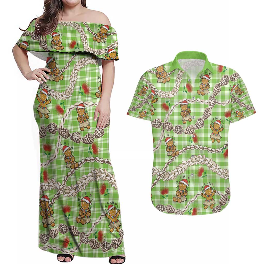 Green Palaka Hawaii Mele Kalikimaka Couples Matching Off Shoulder Maxi Dress and Hawaiian Shirt Ohia Lehua Shell Leis Funny Gingerbread Santa - Polynesian Pride