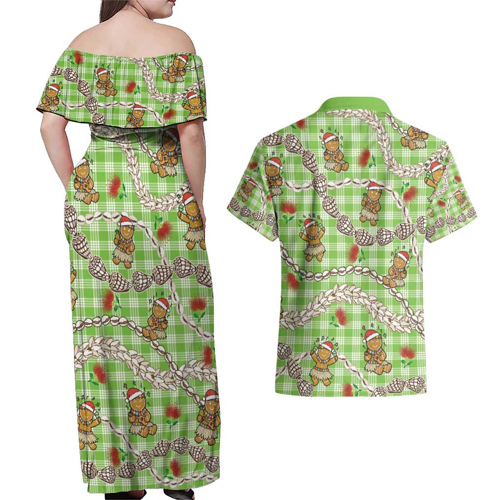 Green Palaka Hawaii Mele Kalikimaka Couples Matching Off Shoulder Maxi Dress and Hawaiian Shirt Ohia Lehua Shell Leis Funny Gingerbread Santa - Polynesian Pride