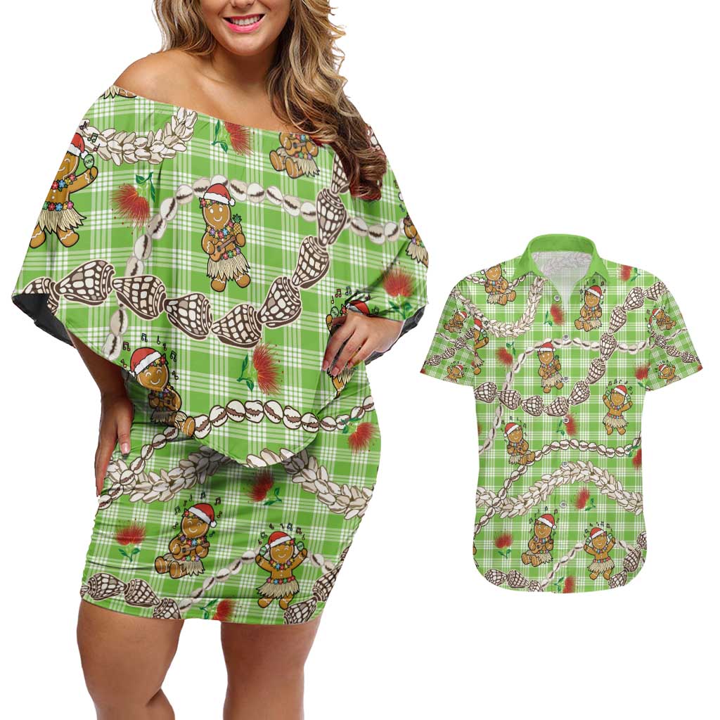 Green Palaka Hawaii Mele Kalikimaka Couples Matching Off Shoulder Short Dress and Hawaiian Shirt Ohia Lehua Shell Leis Funny Gingerbread Santa - Polynesian Pride