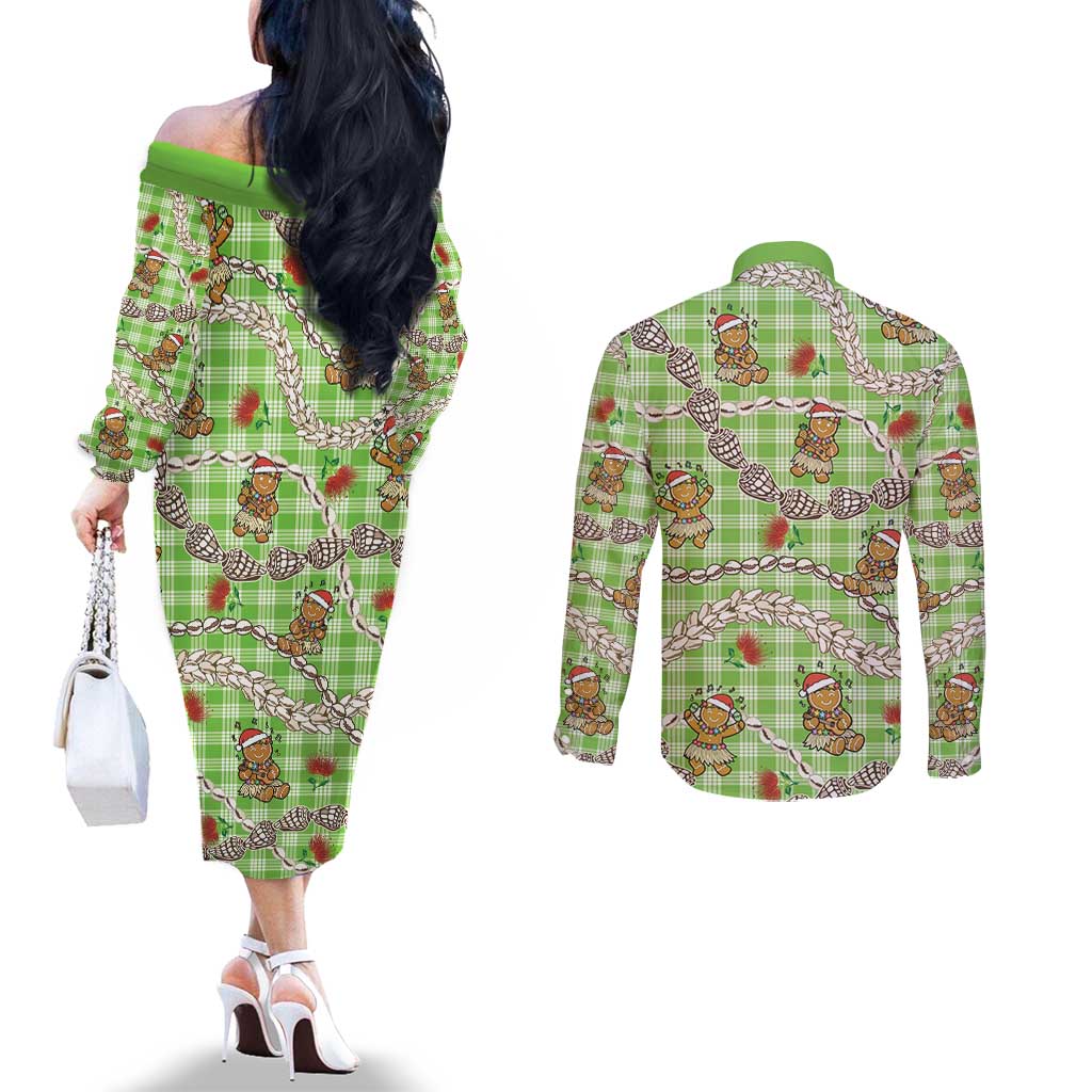 Green Palaka Hawaii Mele Kalikimaka Couples Matching Off The Shoulder Long Sleeve Dress and Long Sleeve Button Shirt Ohia Lehua Shell Leis Funny Gingerbread Santa - Polynesian Pride