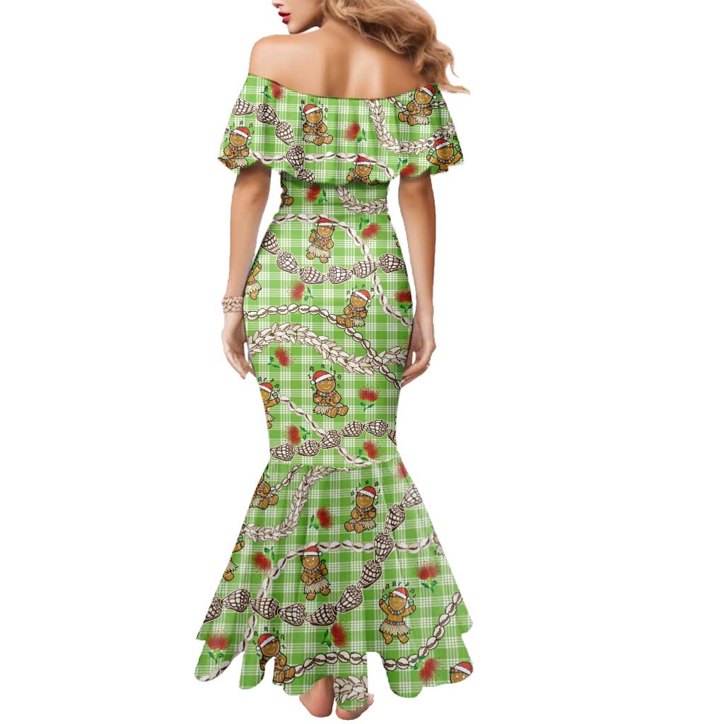 Green Palaka Hawaii Mele Kalikimaka Family Matching Mermaid Dress and Hawaiian Shirt Ohia Lehua Shell Leis Funny Gingerbread Santa - Polynesian Pride