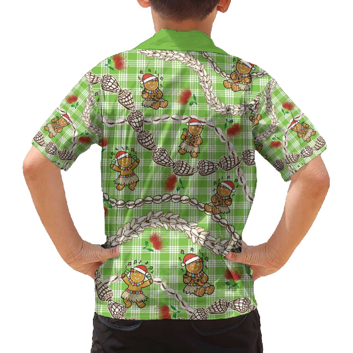 Green Palaka Hawaii Mele Kalikimaka Family Matching Off The Shoulder Long Sleeve Dress and Hawaiian Shirt Ohia Lehua Shell Leis Funny Gingerbread Santa - Polynesian Pride