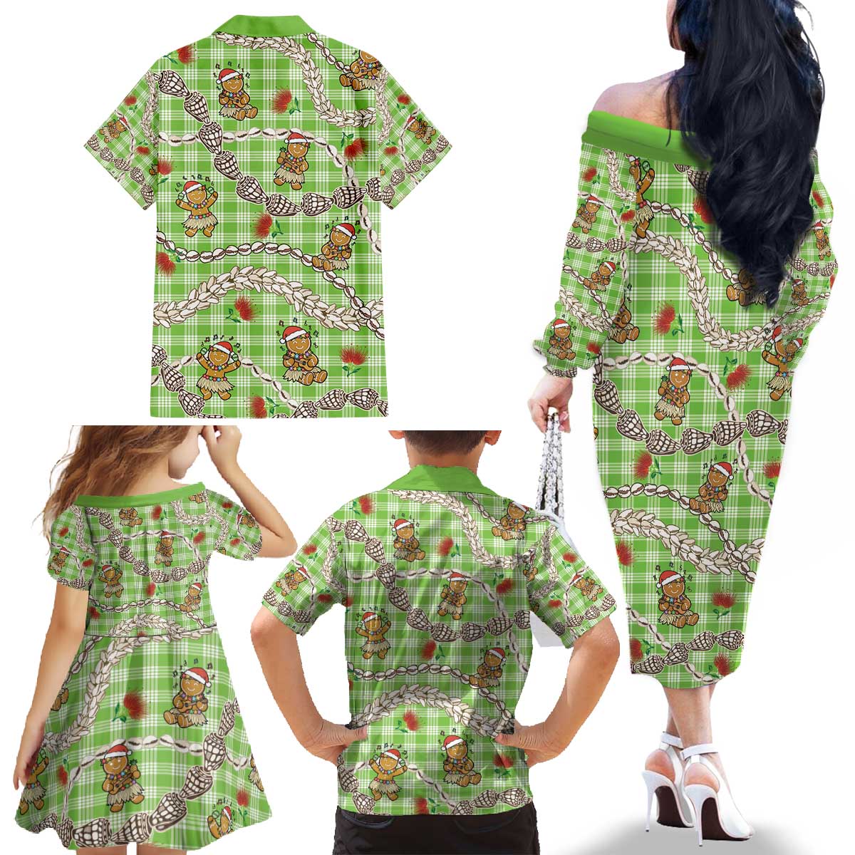 Green Palaka Hawaii Mele Kalikimaka Family Matching Off The Shoulder Long Sleeve Dress and Hawaiian Shirt Ohia Lehua Shell Leis Funny Gingerbread Santa - Polynesian Pride